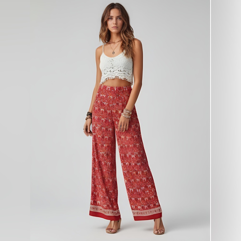 Red Boho Print Wide Leg Pants*